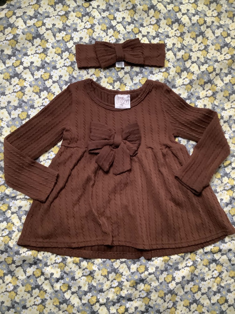 Brown Cable-Knit Bow-Front Girls' Dress with Headband